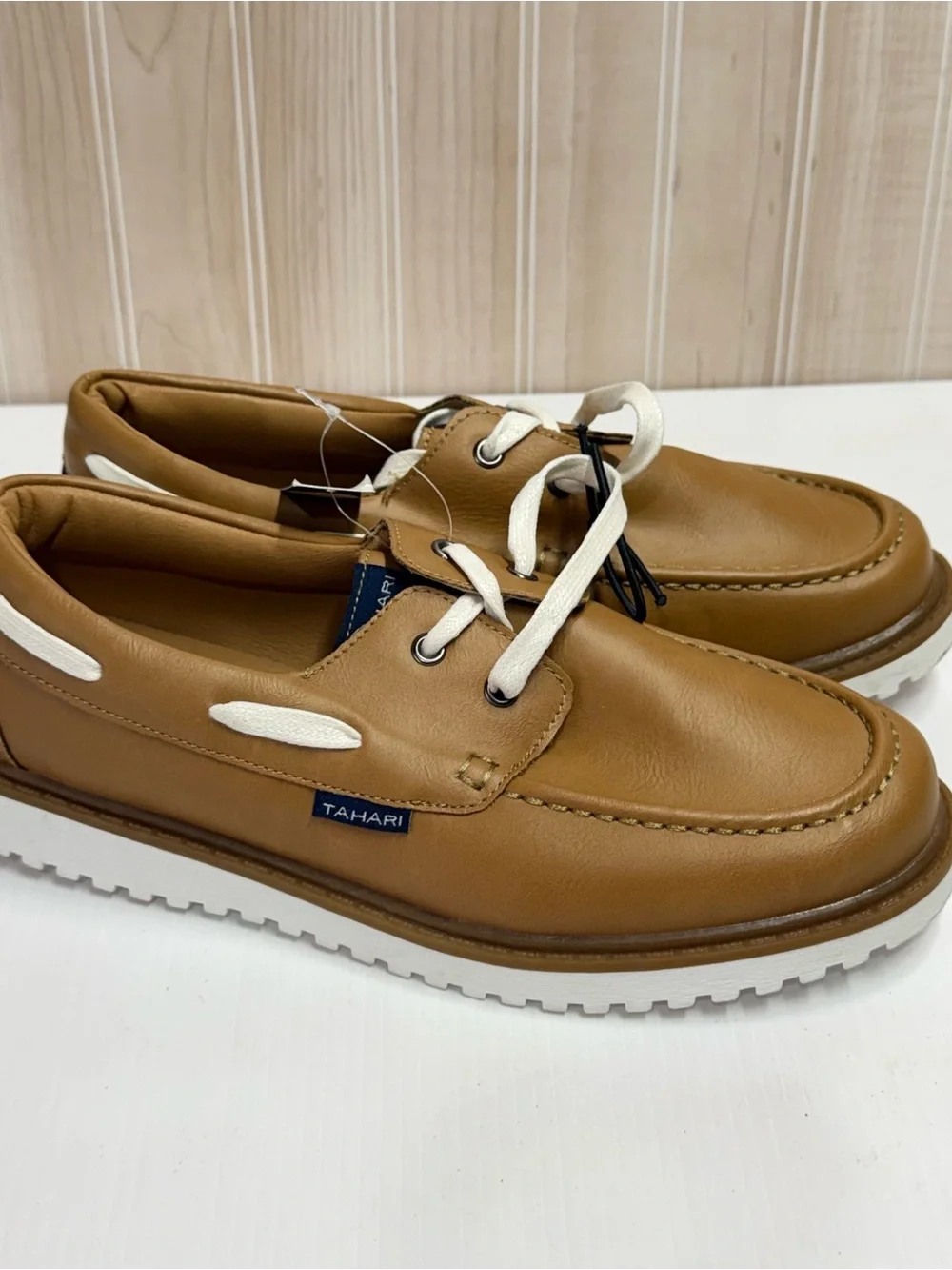 Tahari Men’s Brown Leather Boat Shoes with White Accents